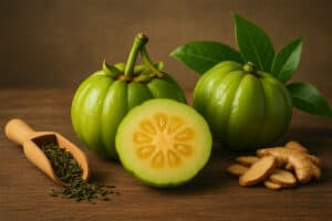 Garcinia Cambogia fruit with green tea leaves and ginger root on wooden table