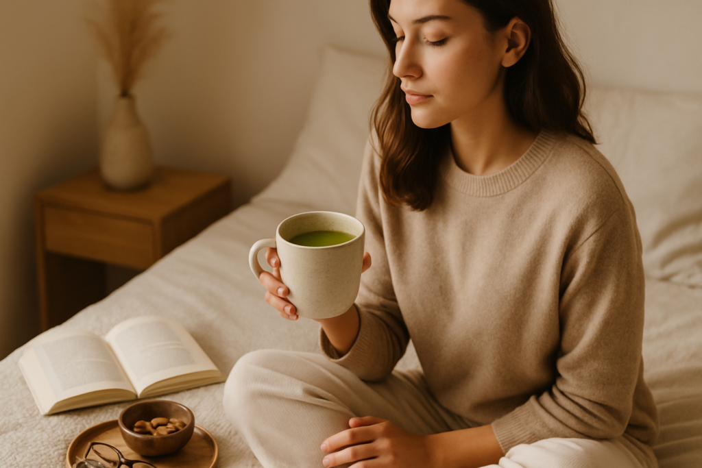 green tea morning routine in a peaceful morning environment