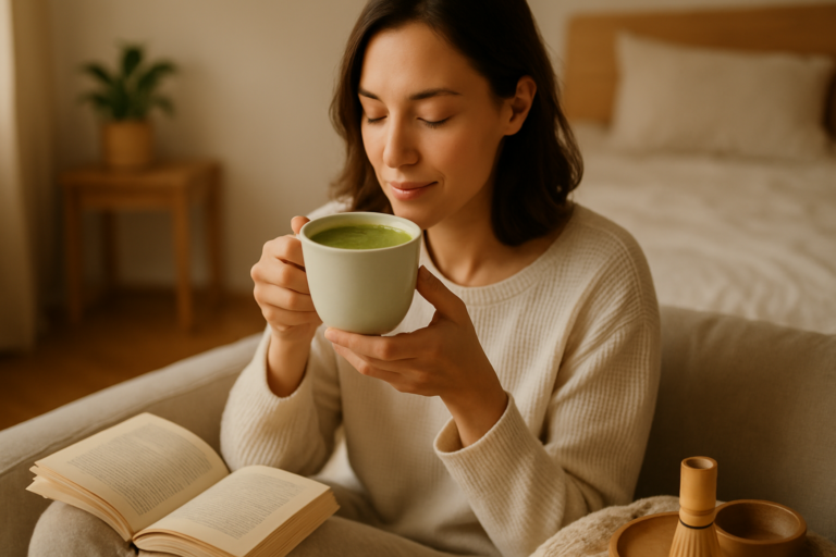 green tea morning routine in a peaceful morning environment