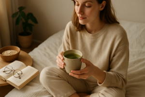 green tea morning routine in a peaceful morning environment