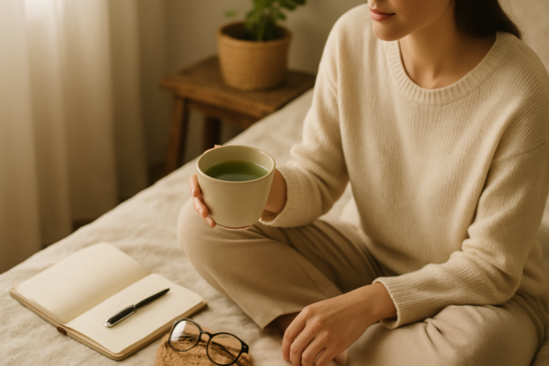 green tea morning routine in a peaceful morning environment