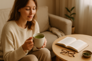 green tea morning routine in a peaceful morning environment
